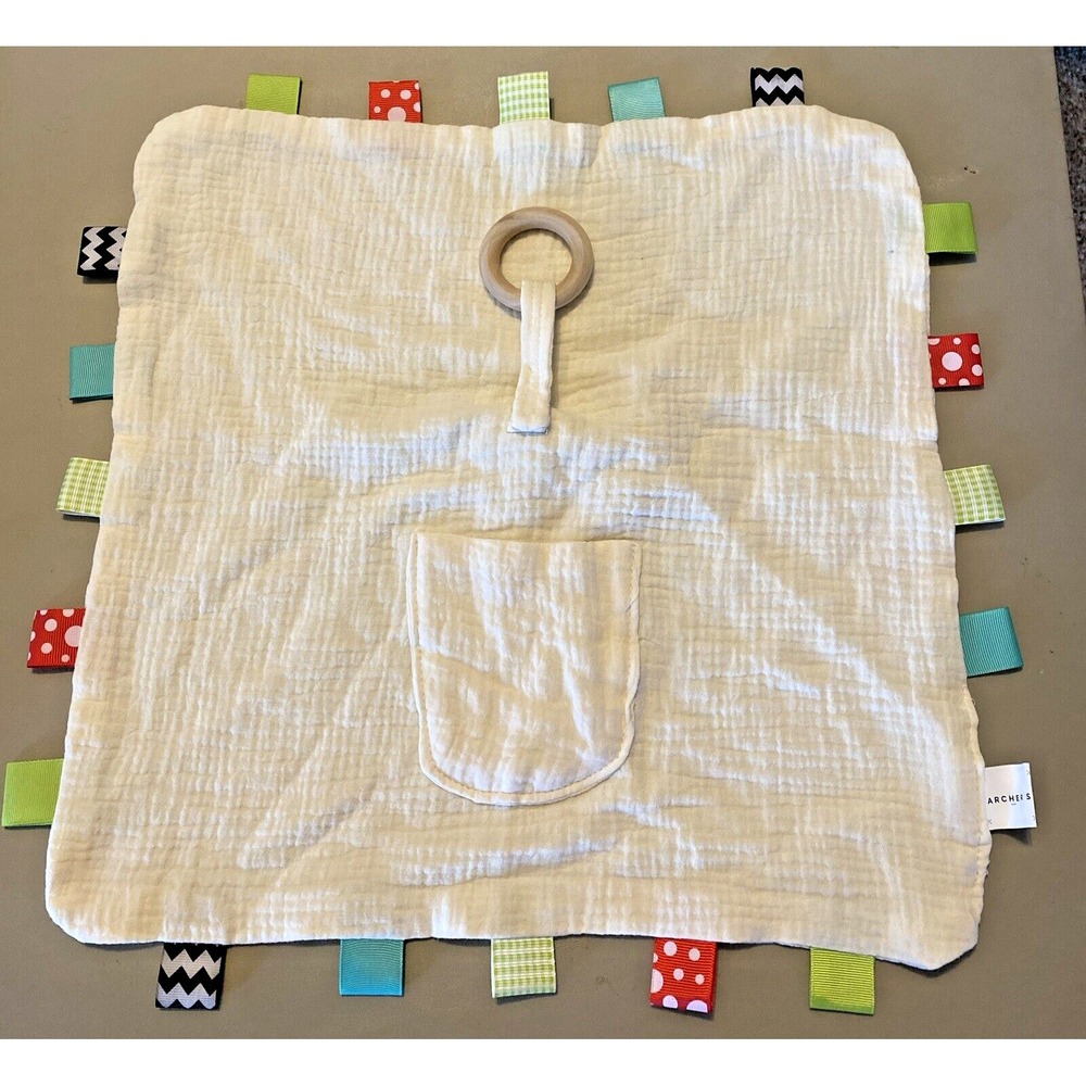 Archers Off  White Muslin Baby Lovey Blanket Loop Tags Pocket unisex